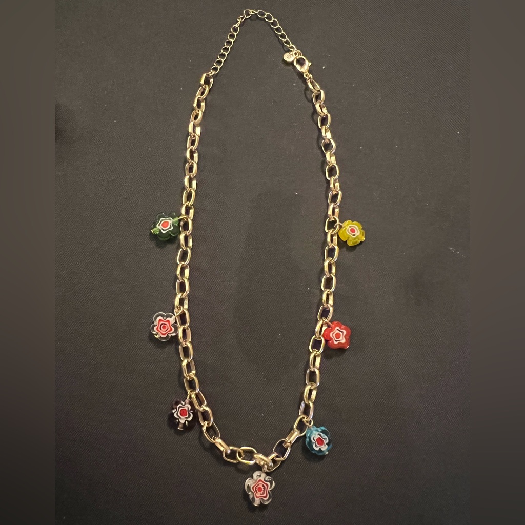 Millefiori Multicolor Flower Gold Tone Adjustable Necklace, New Without Tags
